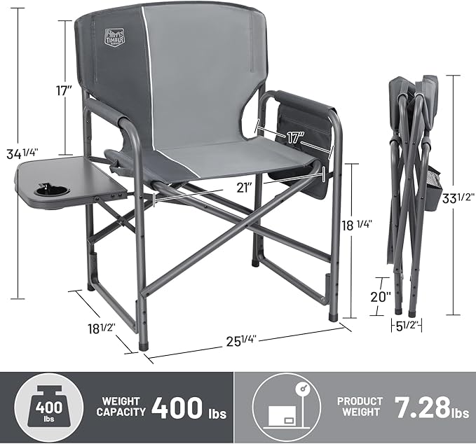 TIMBER RIDGE Aluminum Oversized Camping Chair, Lightweight Portable Directors Chair with Side Table Detachable Side Pocket for Outdoor Camping, Lawn, Picnic, Support 400lbs Grey 2 Pack