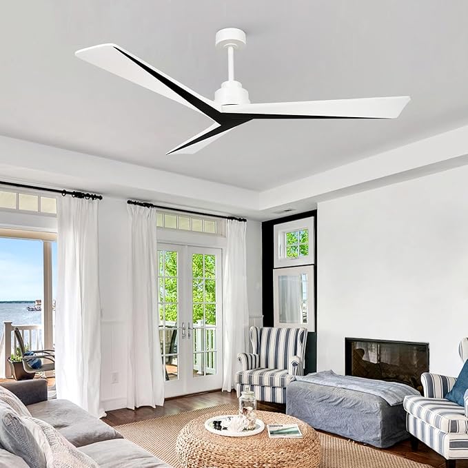 60" Ceiling Fan no Light with Remote,Modern Wood Ceiling Fans for Patios Bedroom Farmhouse,3 Blade Outdoor Ceiling Fan whitout Light with 6 Speeds and Timer,Black White Walnut+White