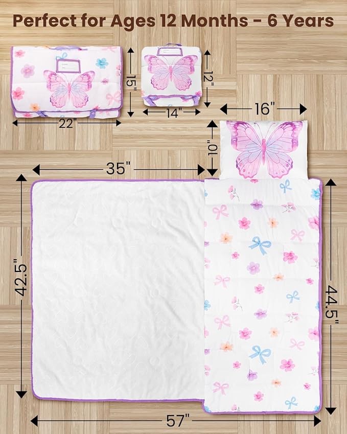Primlect Toddler Nap Mat with Removable Pillow and Flannel Blanket, Portable Kids Sleeping Bag, Easy to Carry on The Go, Perfect for Daycare, Preschool, Boys and Girls, 12 Months - 6 Years