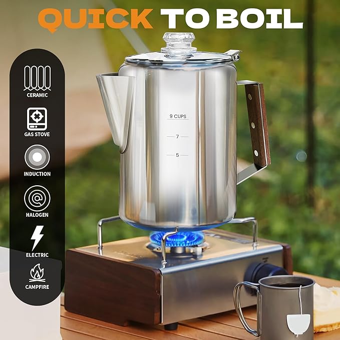 Percolator Pot Stainless Steel Camping Coffee Pot-NO Aluminum or Plastic Camping Coffee Pot Stovetop (9 cup)