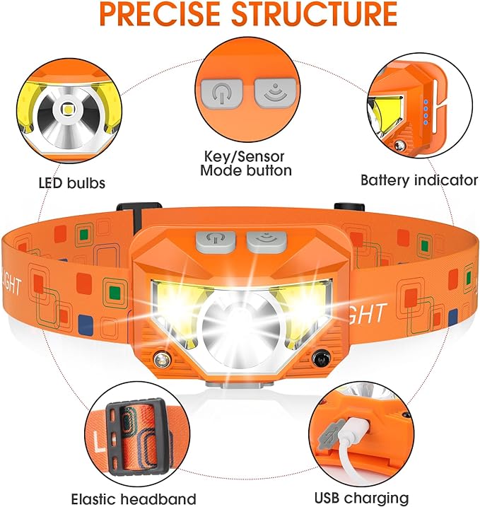 LHKNL Headlamp Flashlight, Lumen Ultra-Light Bright LED Rechargeable Headlight with White Red Light,2-Pack Waterproof Motion Sensor Head Lamp,8 Mode for Outdoor Camping Running Fishing- Orange