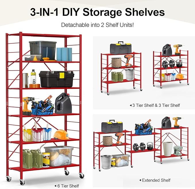 Himix 6 Tier Foldable Storage Shelves, Expandable Folding Bookshelf with Wheels, Changeable into 2 Shelf Units, Collapsible Adjustable Storage Rack Metal Shelves for Garage Kitchen, Basement, Red