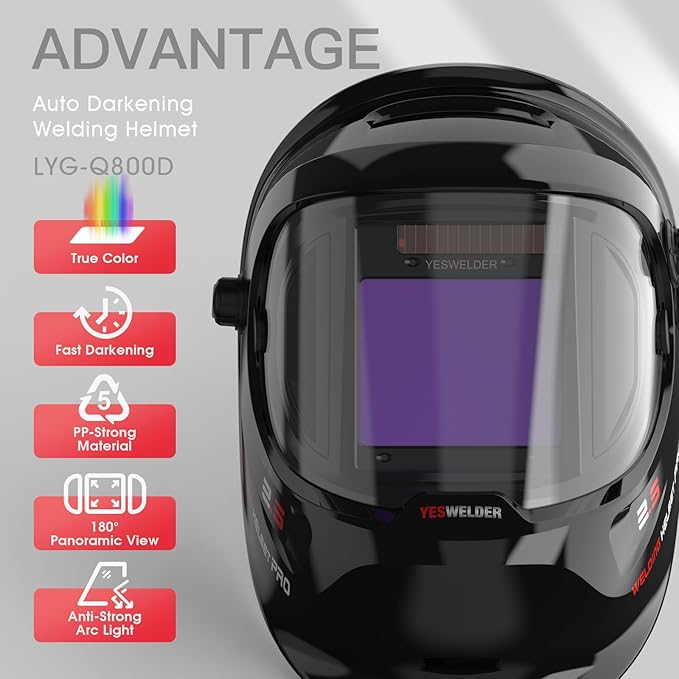 YESWELDER Auto Darkening Welding Helmet with SIDE VIEW, 180° Panoramic View, 1/1/1/1 True Color Solar Powered Welder Hood, Wide Shade 4/5-9/9-13 Welder Mask for TIG MIG ARC CUT and GRIND, LYG-Q800D