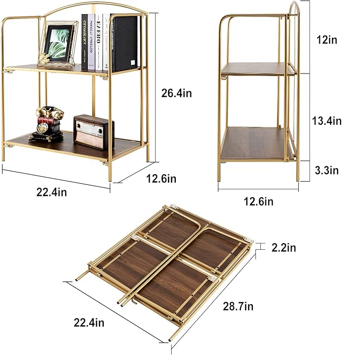 Crofy No Assembly Folding Bookshelf for Living Room, 2 Tier Gold Collapsible Book Shelf for Home Office, Portable Bookcase Storage Organizer