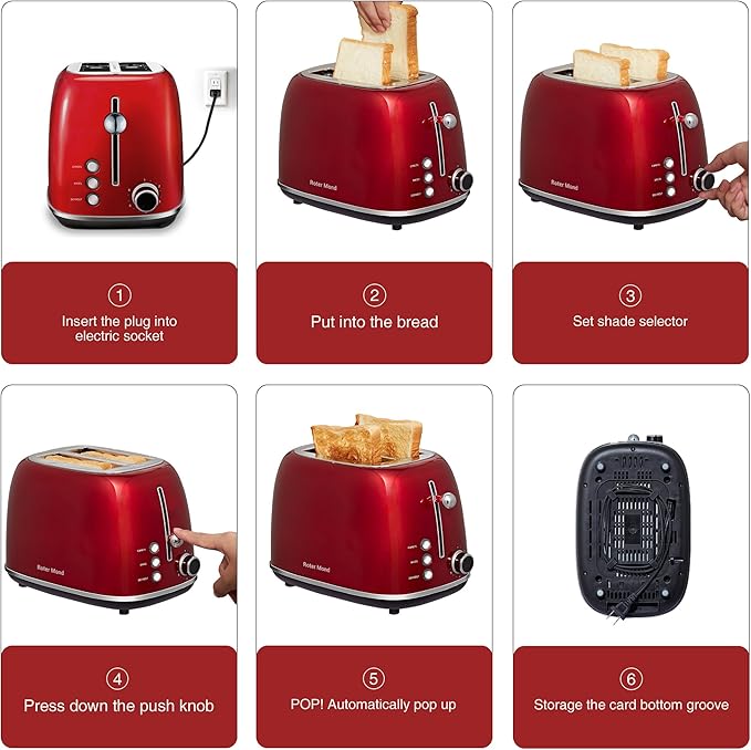 Roter Mond 2 Slice Toaster Retro Stainless Steel with Bagel, Cancel, and Defrost Functions, 6 Bread Shade Settings, Extra Wide Slots and Removable Crumb Tray, Red