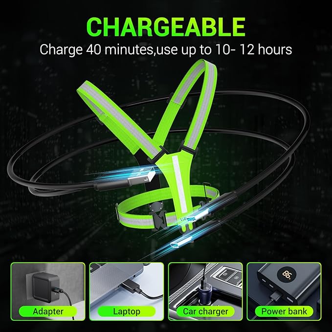 Led Reflective Vest Running Gear，7 Lights Colors Light Up Running Vest, Rechargeable High-Visibility Adjustable Vest for Running, Cycling, and Night Activities（Green）