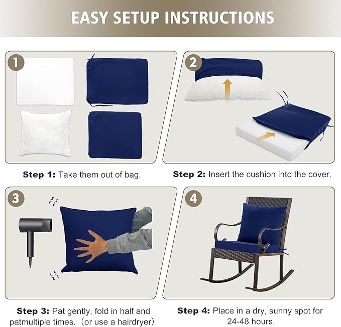 24x24 Inch Outdoor Cushions for Patio Furniture, Waterproof Outdoor Chair Cushions w/Fade-Resistant, Removable & Machine-Washable Cover, Deep Seat Sofa/Couch Pad Replacement – Set of 1/2/4, Navy Blue
