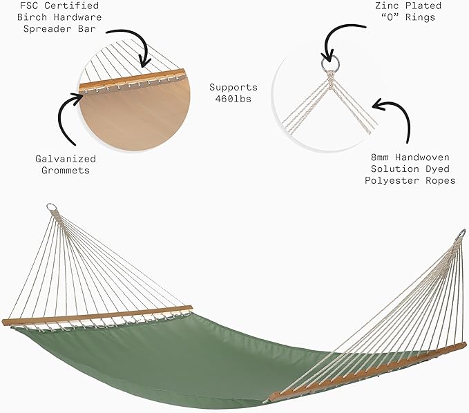 Fab Habitat Solid Recycled Polyester Hammock - Fargo - Green - Indoor/Outdoor, Quick Dry, 2 Person 460 lbs Capacity - Patio, Poolside, Backyard, Garden, Beach, Balcony - 12-14 ft Adjustable