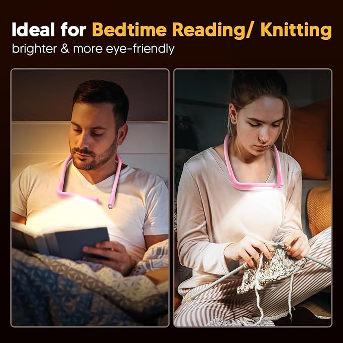 Pink Neck Light with Storage Case, 10-80Hrs Eye-friendly Book Reading Lamp, Knitting Crochet Sewing Craft Light Rechargeable Adjustable, Christmas Birthday Gifts for Book Lovers Knitters Crafters