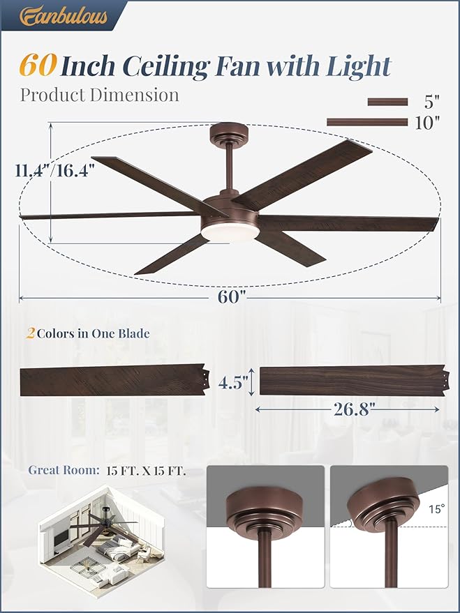 60 Inch Ceiling Fans with Lights and Remote, Reversible 6 Blades, Dimmable, 3000K-6000K Adjustable, Outdoor Ceiling Fans for Patios, Large Ceiling Fan for Indoor or Covered Outdoor, Brown