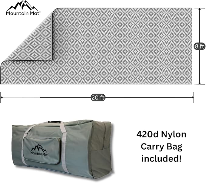 8x20 Gray & White Outdoor RV Mat with Carry Bag – Extra Thick 5mm Recycled Poly Rug – Waterproof, Reversible, Heavy-Duty – Premium Patio Mat for Camping, Deck (8x20, Grey Diamond)