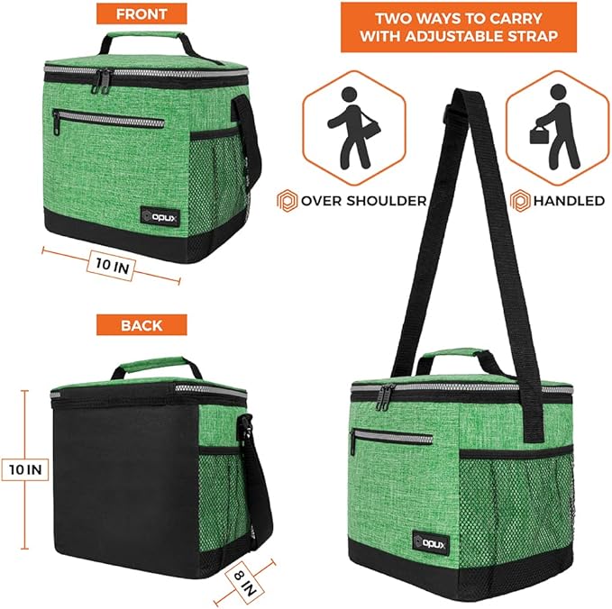 opux Extra Large Insulated Lunch Box Men Women, Lunch Bag for Work, Leakproof Soft Cooler Tote Adult, Lunch Pail, Picnic Beach Collapsible Food Bag with Shoulder Strap, Heather Green