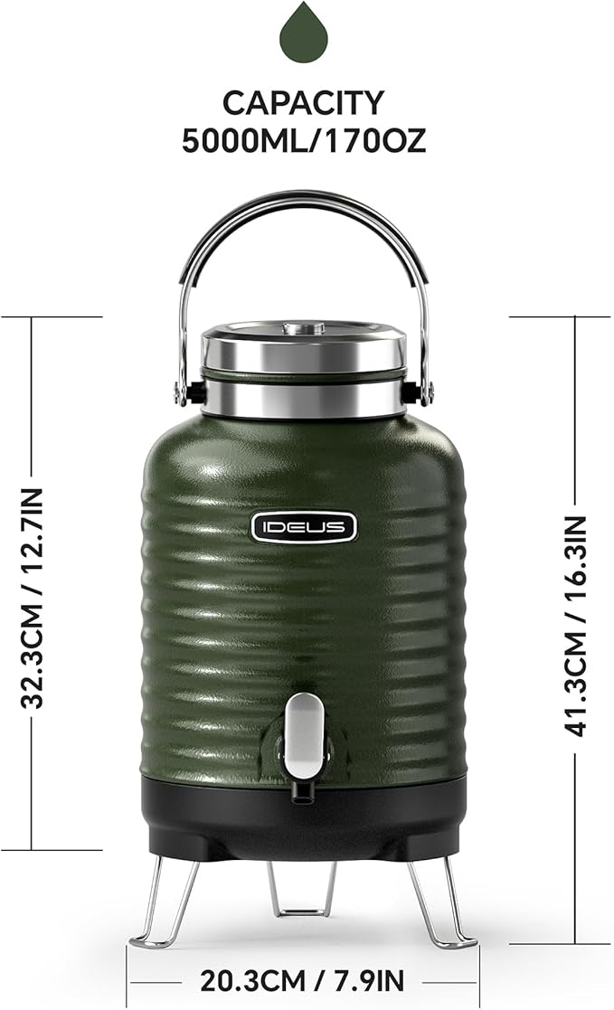 IDEUS Insulated Beverage Dispenser 5.2L, All-in-one for Camping Vacuum Double-Wall Stainless Steel Water Cooler Coffee Carafe Jug Leakproof Drink Container with Handle, Spigot & Stand (Green)
