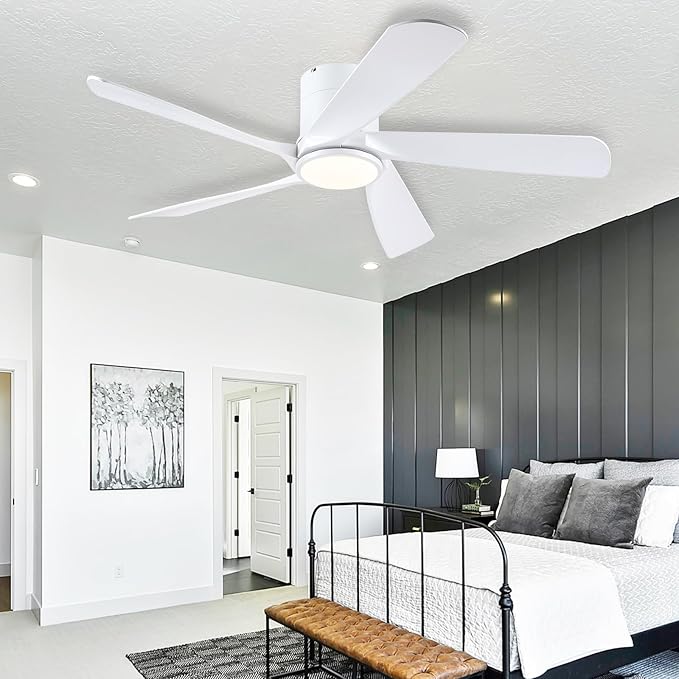 54" Flush Mount Ceiling Fan - White Low Profile Ceiling Fans with Lights and Remote/APP, 6 Speeds and Reversible 5 Fan Blades, Indoor Modern Ceiling Fan LED Light for Bedroom, Living Room