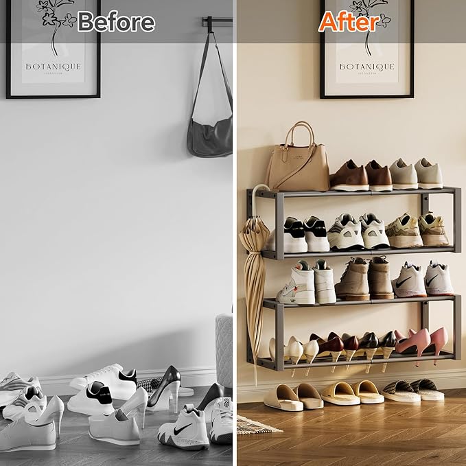 Homeiju Hanging Shoe Organizer,2 Pack Wall Mounted Shoe Rack Holds 12 Pairs,Space Saving Metal Wall Shoe Rack,Hanging Shoe Rack Shoe Holder for Small Space,Entryway,Closet,RV,Camper (Grey)