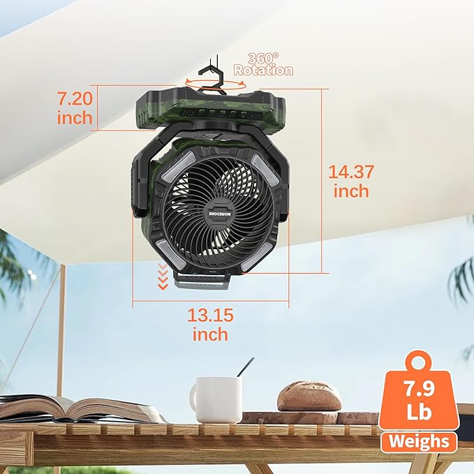MORECORE 40000mAh Battery Operated Camping Fan with Light, 120HRS Running, Powerful 4 Speeds & Auto Oscillating, with Timer & Hook, for Travel Tent RV Emergency Hurricane Jobsite Garage-Camo Green