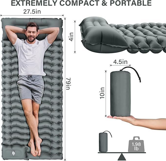 Camping Sleeping Pad, Ultralight Camping Mat with Pillow Built-in Foot Pump Inflatable Sleeping Pads Compact for Camping Backpacking Hiking Traveling - Gray