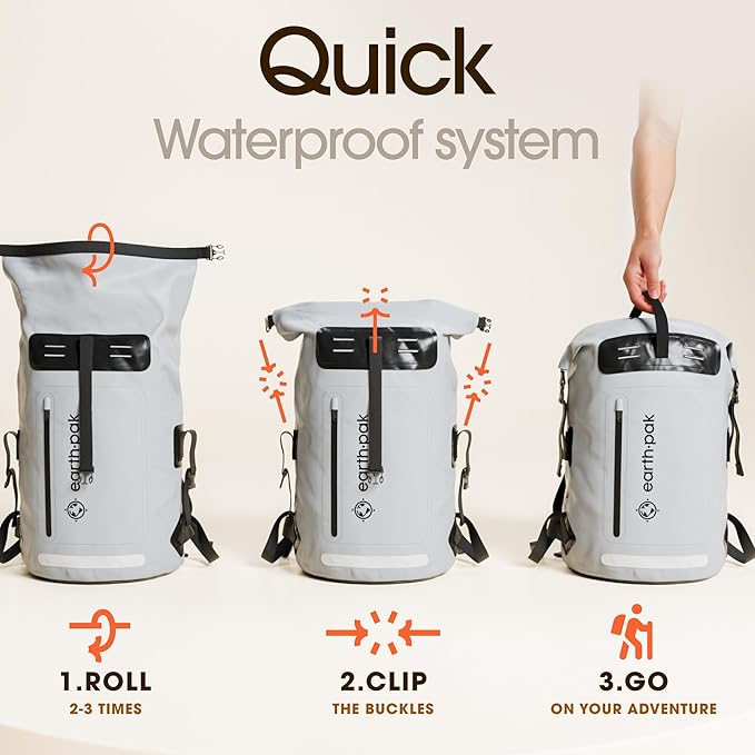 Earth Pak Waterproof Backpack - Heavy Duty Hiking Backpack - Roll-Top Closure Bag - Cushioned Dry Bag Waterproof Phone Case