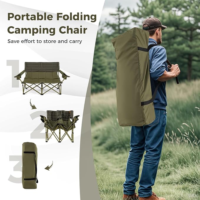 Tangkula 2 Person Oversized Camping Chair, Fully Padded Folding Loveseat Camp Chair with Adjustable Armrests, Cup Holders, Carrying Bag, Portable Double Outdoor Lawn Chair for Camping