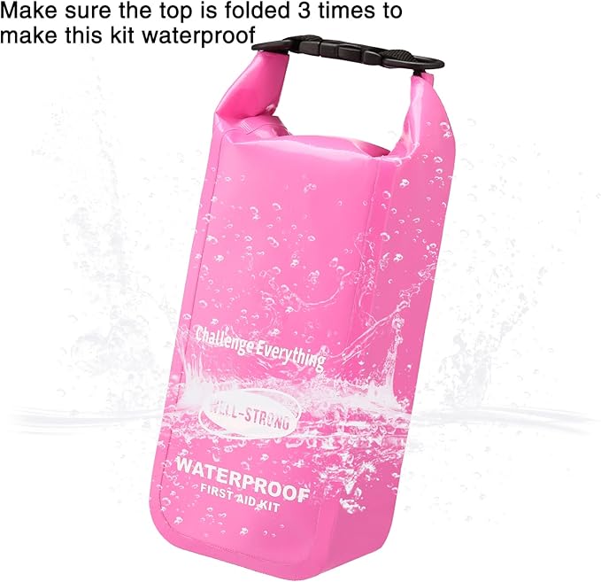 Waterproof First Aid Kit Roll Top Boat Emergency Kit with Waterproof Contents for Fishing Kayaking Boating Swimming Camping Rafting Beach Pink