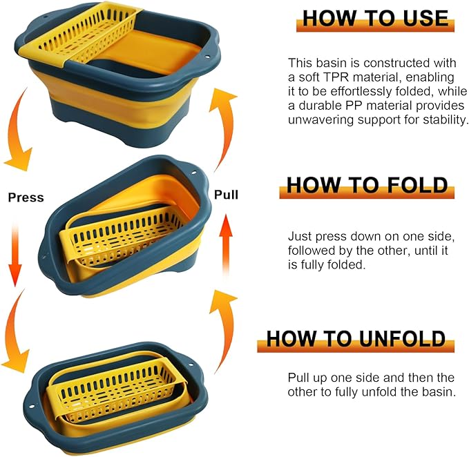 2.77 Gallon (10.5L) Collapsible Dish Basin with Drain Plug, Yellow Camping Dish Basin for RV, Space-Saving Foldable Wash Tub, BPA-Free Portable Sink for Vegetables and Dishes- with Brush