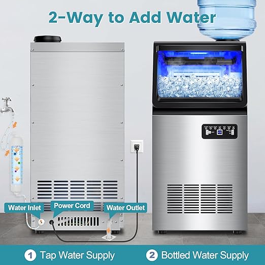 Commercial Ice Maker Machine 150LBS/24H, Dual Water Inlet Options, Stainless Steel Air Cooled Freestanding/Under Counter Ice Maker Smart LCD, Self-Cleaning, Quiet for Home, Bar, Restaurant