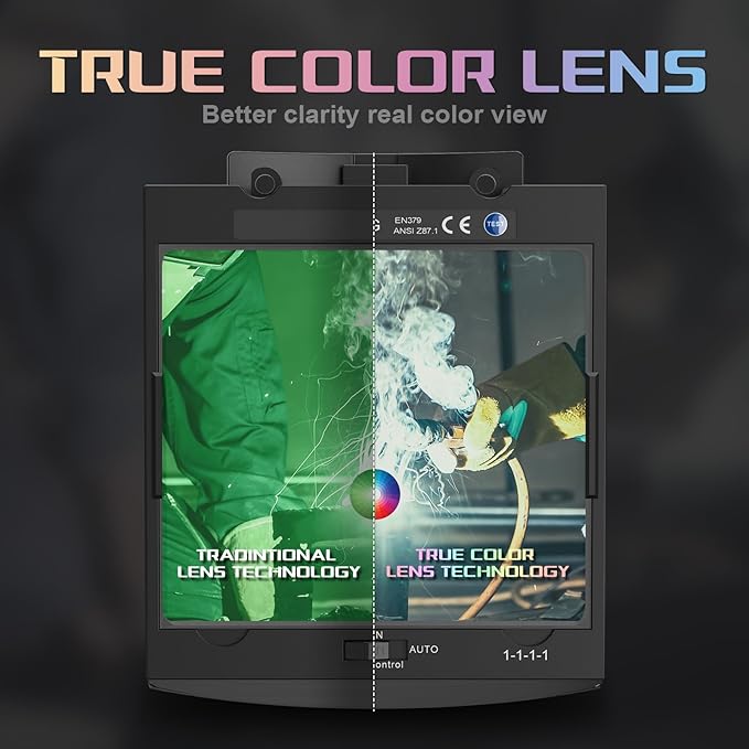 Panoramic View Auto Darkening Welding Helmet with Light, 1/1/1/1 True Color Solar Powered Welding Hood Mask, 4 Arc Sensor Wide Shade for TIG, MIG, ARC, Cut, Grinding, AC-28800G-DT