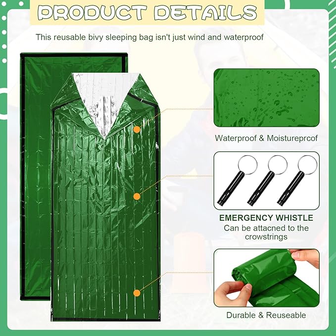 Qunclay 6 Set Emergency Sleeping Bag Portable Bivy Sack with Whistles Thermal Waterproof Survival Bag Foldable Lightweight Emergency Supplies for Outdoor Travel Camping Hiking