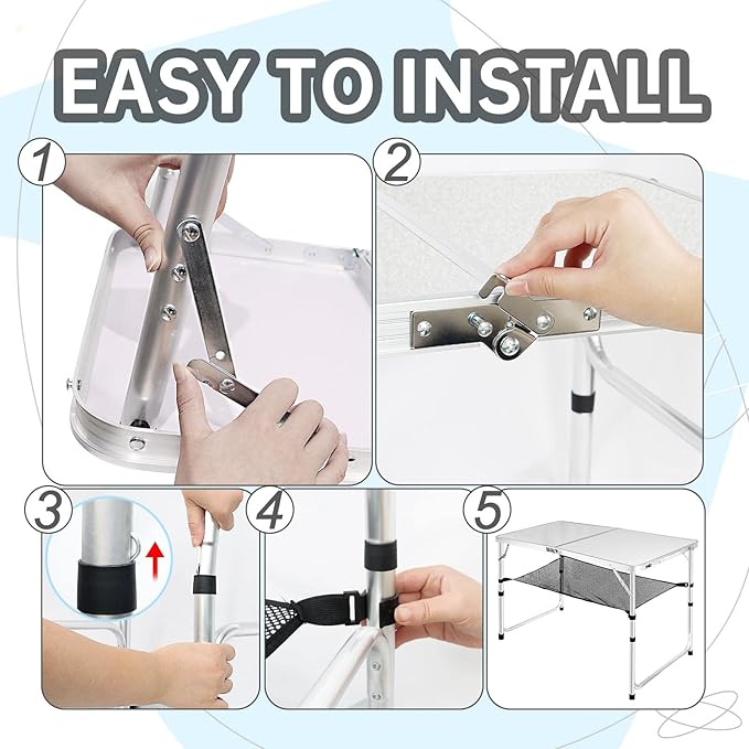 Adjustable Height Portable Camping Table - 4ft Folding Beach Table with Net Mesh, White Metal for Patio BBQ, Backpacking