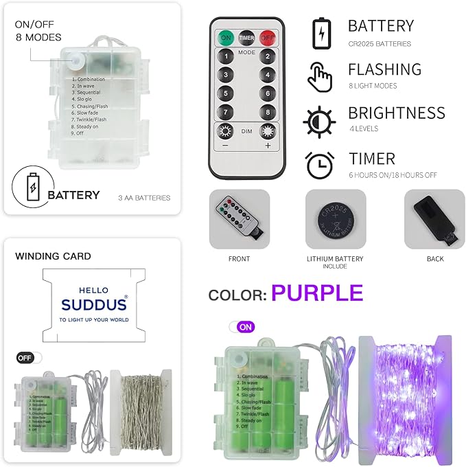 suddus Hallowee Purple Lights Battery Operated, 66ft 200 LED Twinkle Lights Battery Operated, Purple Fairy Lights for Christmas Tree, Garland, Bedroom, Backyard, Porch, Yard, Party Decorations