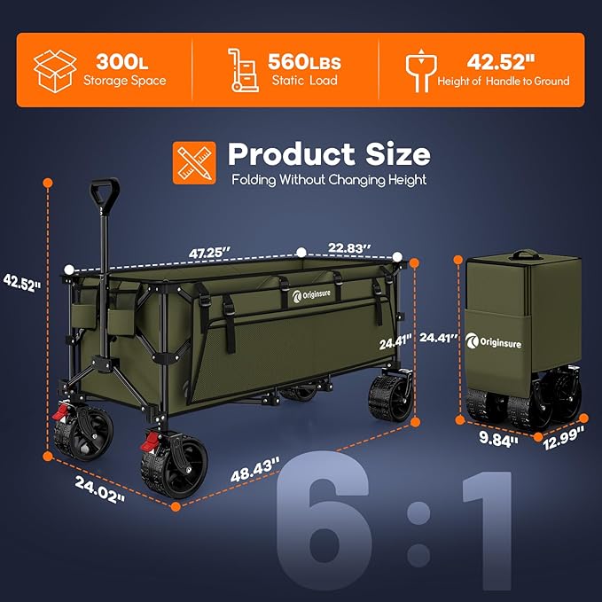 48" L Collapsible Wagon Cart Foldable, 560LB Weight Capacity 300L Heavy Duty Folding Beach Wagons with Big All-Terrain Wheels, Utility Carts for Groceries, Shopping, Camping, Sports - Green