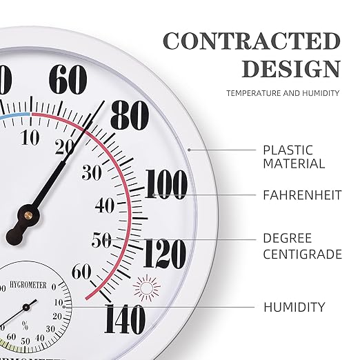 Indoor Outdoor Thermometer Large Waterproof Wall Patio Weather Thermometer No Battery Required Hanging Decor (White)