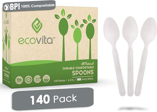 100% Compostable Spoons - 140 Large Disposable Utensils (6.3 in.) Eco Friendly Durable and Heat Resistant Alternative to Plastic Spoons with Convenient Tray