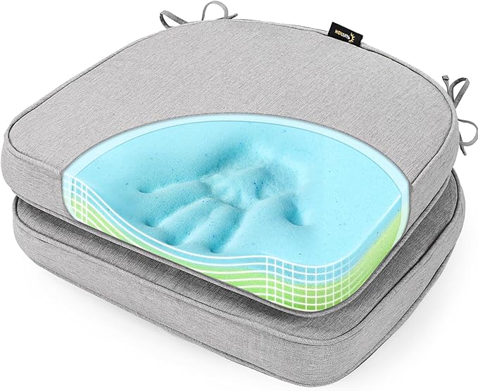 SUNROX Gel Memory Foam Chair Cushions, FadeShield Water-, Stain-Resistant Durable Reversible Seat Cushion Pads with Ties for Indoor/Outdoor Kitchen Dining Office, 19"x19", Set of 2, Heather Grey