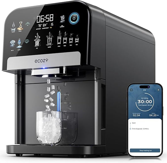 ecozy Nugget Ice Maker Dispenser, Smart 2-in-1 Pebble Ice Machine Countertop & Water Dispenser with App Control, Self-Cleaning, Auto Lighting, TDS Monitor, Measured Dispensing, 33Lbs/Day