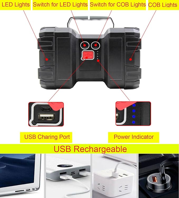 Rechargeable LED Searchlight Flashlight, LED Spotlight Big Power Capacity 12000LM 20h Ultra-Long Standby 7 Lights Modes Camping Work Light, Waterproof for Home, Outdoor (35LEDs)