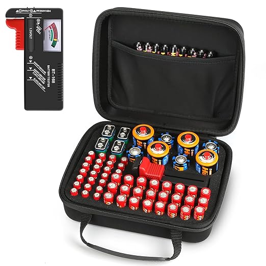 Battery Organizer, Battery Organizer Storage Case with Tester BT-168, Waterproof Battery Holder Box Holds, Battery Case Organizer 60+ AA AAA C D 9V Batteries (Batteries are Not Included)