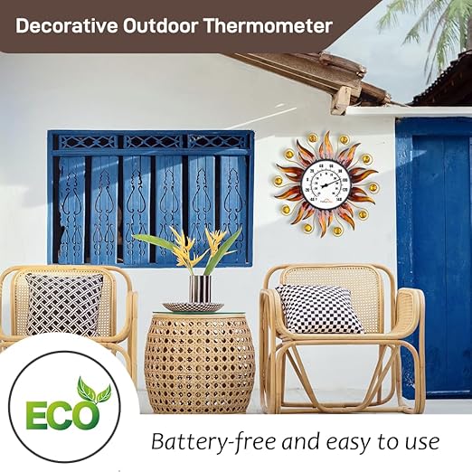 Indoor Outdoor Thermometer, Sun Wall Mounted Thermometer Decorative for Patio, Living Room, Garden Greenhouse, Wine Cellar, No Batteries Required