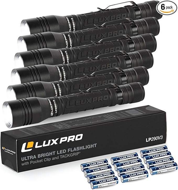 LUXPRO LP290V3 LED Flashlight - Bright 300 Lumens with 3 Light Modes - Aircraft-Grade Aluminum with IPX4 Waterproof Protection & Patented TackGrip - Camping, Outdoor, Home - Batteries Included 6 Pack