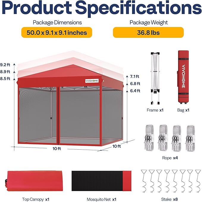 VIVOHOME 10x10ft Easy Pop-Up Canopy, Outdoor Screen Tent with Mosquito Netting, 2 Zipper Doors, and Roller Bag for Yard Camping Picnic Party Events, Red