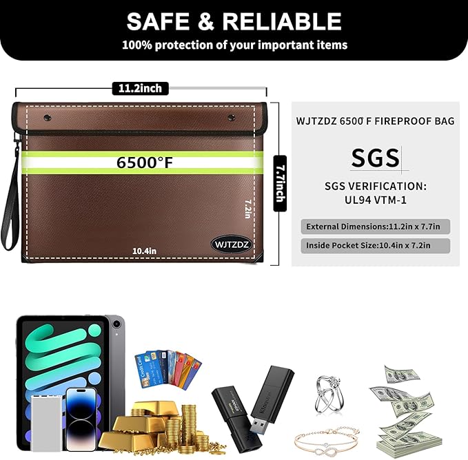6500°F Fireproof Document Bag,Upgraded Fireproof Money Bag with Waterproof Zipper,10 Layers Heat Insulated Materials/Reflective Strip with Handle for Important Documents