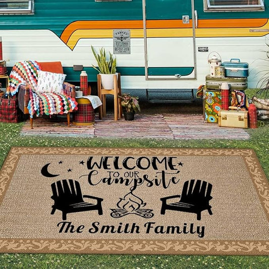 Custom Camping Rugs Welcome to Our Campsite RV Trailer Decor Camper Floor Mat for Outdoors, Patio, Backyard, Picnic, Beach, Camping, 70 x 108 Inch, 20 RV Optional