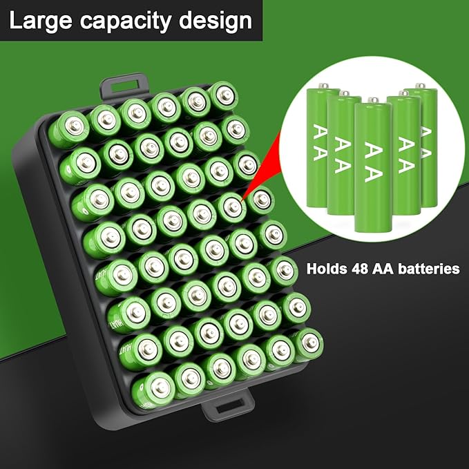 ALCYON Battery Organizer Storage Case, Small Battery Vault Box Container for 48pcs AA Batteries, Plastic Clear Protective Battery Holder for Travelling/Home/Office (Black, Large)