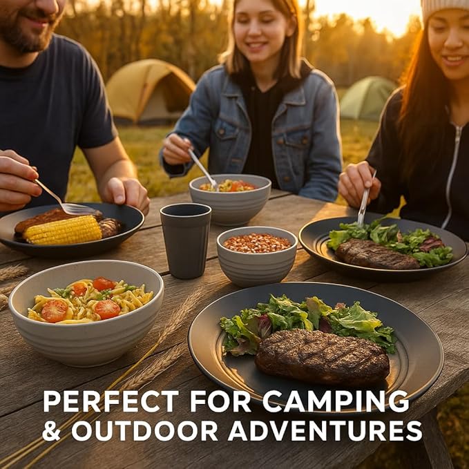 Fern & Soul Wheat Straw Dinnerware Sets, Dish Set for 8, 24 pcs with Storage Bag. Unbreakable, Dishwasher Safe, Kitchen Plates Bowls Sets, College Dorm, RV Camping Dishes Plate Set (Charcoal)