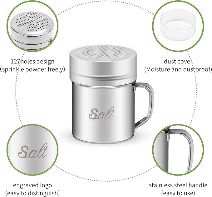 Stainless Steel Salt and Pepper Shakers Set, 10 OZ Seasoning Spice Shaker with Lid and Handle 127 Holes, Metal Dredge Shaker for Powder Sugar Cooking Kitchen Baking (2 Pieces)