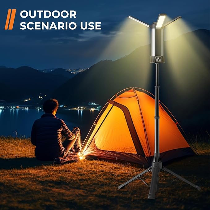 Rechargeable LED Work Light with Stand, Cordless Camping Light with Portable Telescopic Bracket, 6AH Battery, 2000Lumen Outdoor Construction Lights with Carrying Bag (Large)