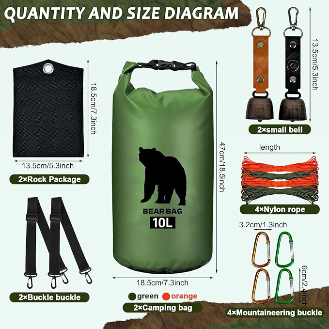 2 Pcs 10L Waterproof Bear Bags with 4 Nylon Ropes, 4 Clips & 2 Rock Pockets & 2 Small Warning Bells for Hanging Food securely. Ultralight Camping Food Bag System.