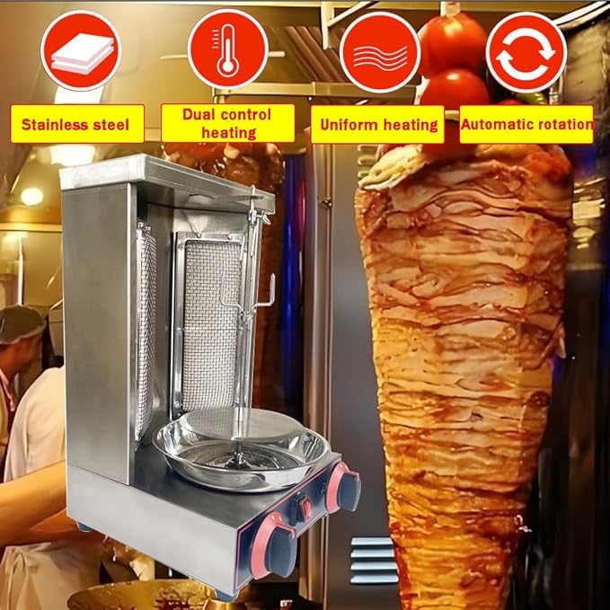Shawarma Grill Machine LP Gas Gyro Grill Oven Vertical Broiler Rotating Doner Kebab Machine Countertop Rotisserie with 2 Burners for Home Kitchen Adjustable Tempereture