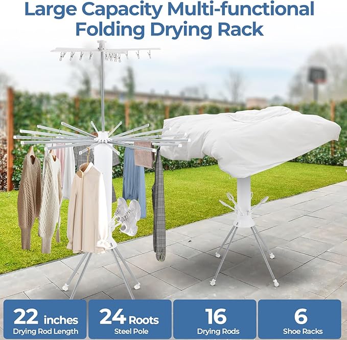 GCCSJ 3 Tier Portable Collapsible 4-Legged Clothes Drying Rack,Foldable Laundry Drying Rack with 4 Pulleys with and Shoe Holders for Indoor Outdoor Space Saving