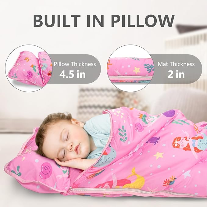 Primlect Toddler Nap Mat Extra Large Thickened 55''x35'', Soft Sleeping Bag with Detachable Minky Blanket and Pillow, Portable for Daycare, Preschool, Kindergarten, Travel, Boys and Girls